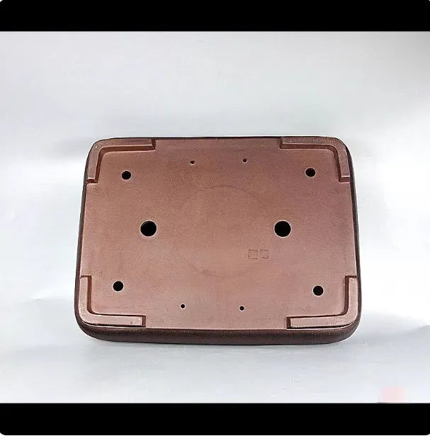 Handmade antique rectangular purple clay flower pot showing its dimensions and natural finish.