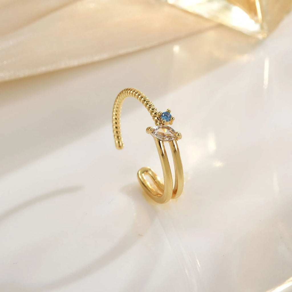 Adjustable irregular geometric ring in gold or silver electroplated copper with line detailing