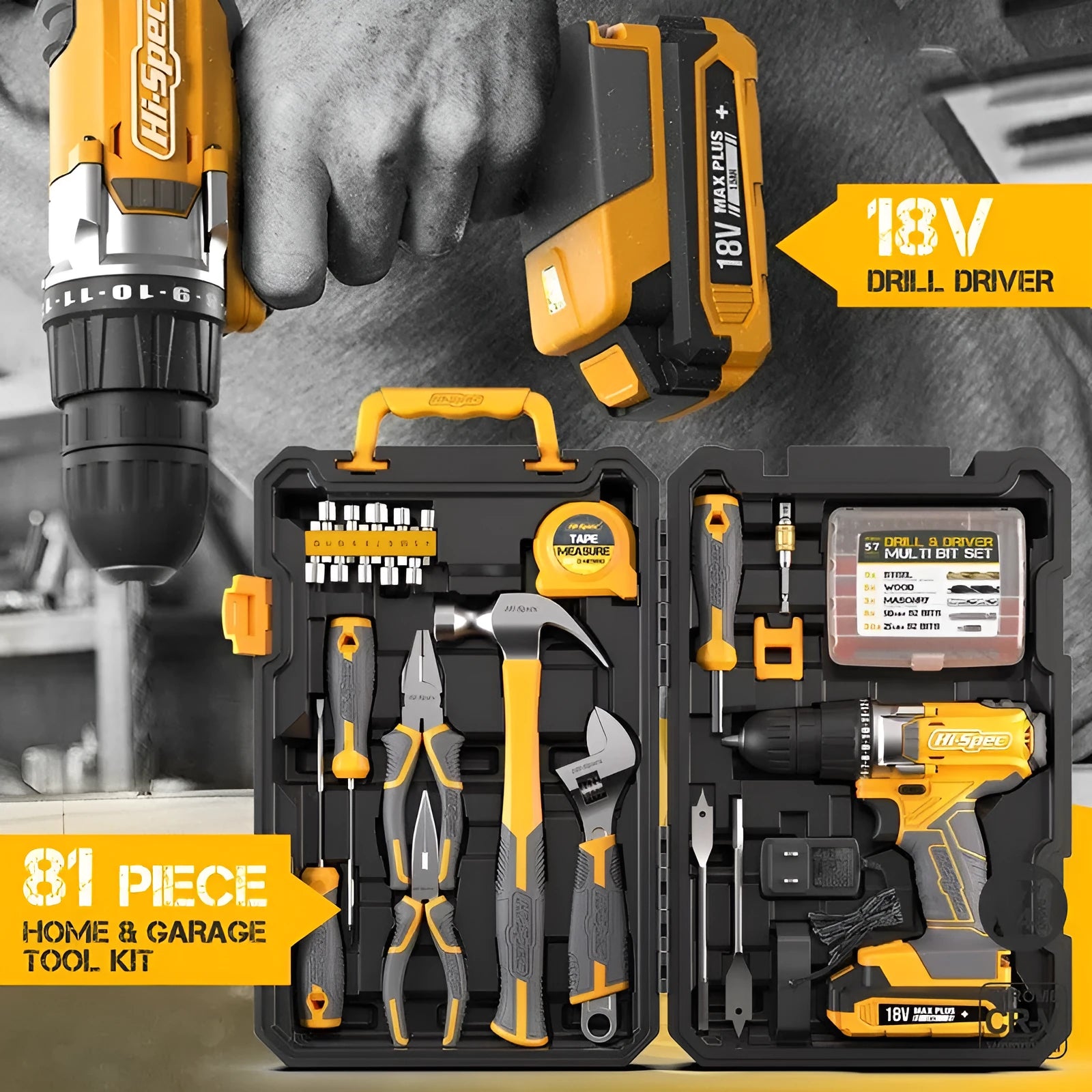 Grey-yellow 82-piece furniture installation tool kit with chrome-vanadium steel tools in protective case