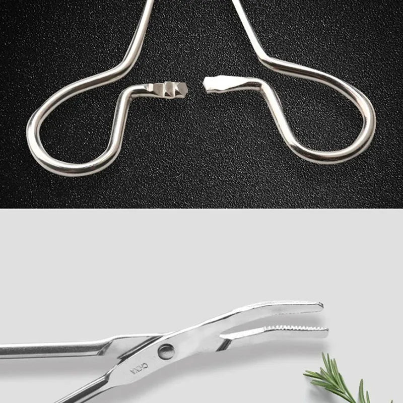 Silver stainless steel pet ear cleaning tweezers with curved tip and ergonomic handle