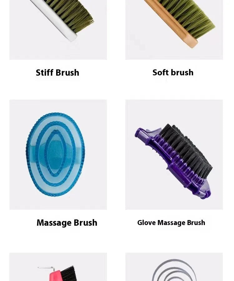 Ten-piece horse grooming kit showing brushes, aluminium combs, and storage bag for equestrian care