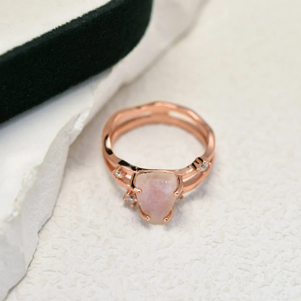 S925 silver irregular triangle ring with a moonstone, shown in rose gold, white gold, and yellow gold finishes.