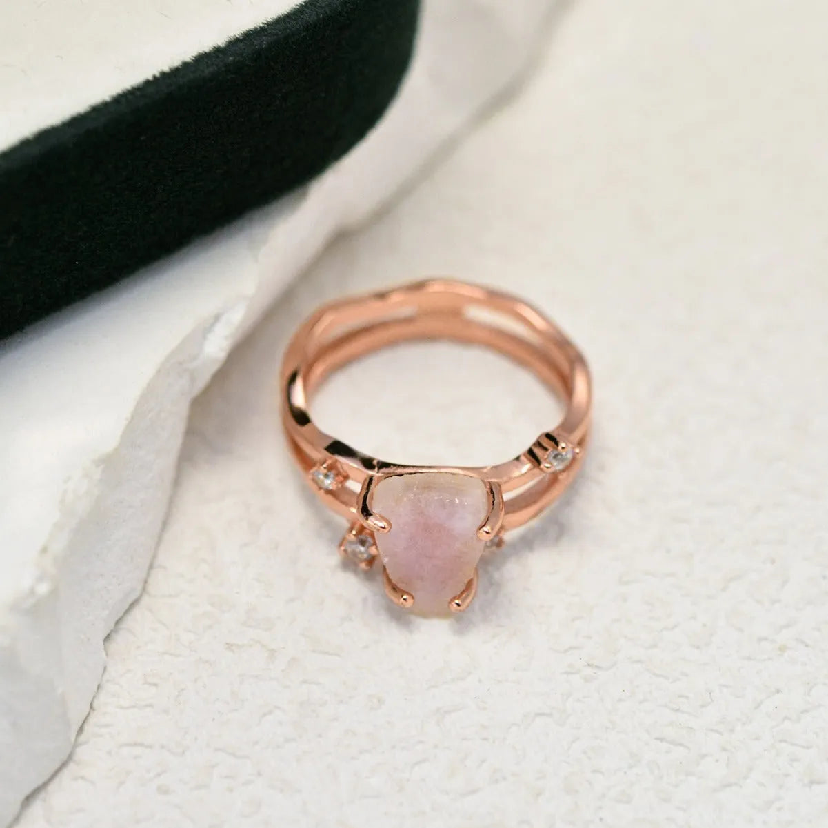 S925 silver irregular triangle ring with a moonstone, shown in rose gold, white gold, and yellow gold finishes.