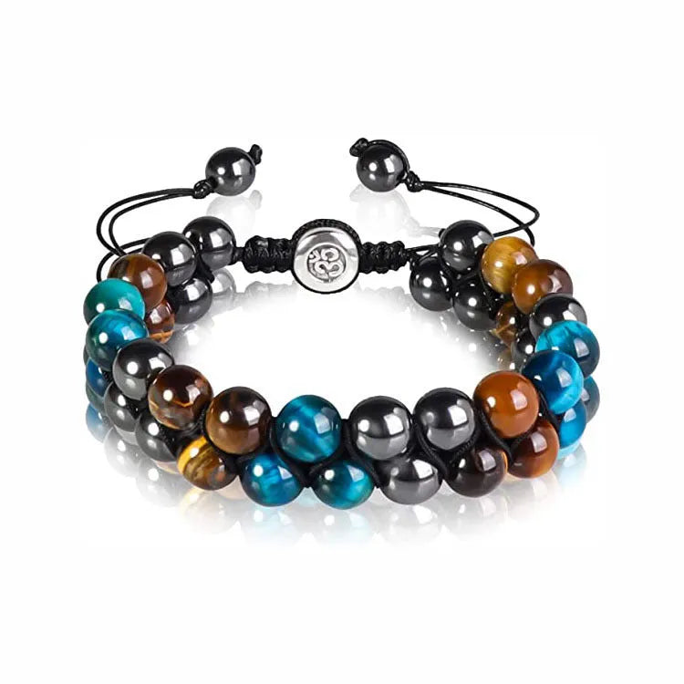 Men's handmade double-layer woven tiger eye bracelet with geometric pattern