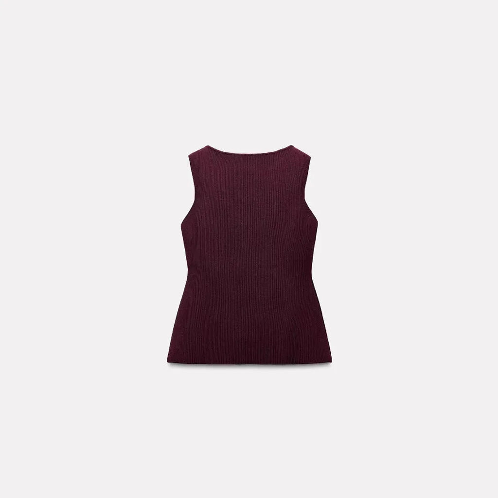 Dark red slim-fit viscose sweater vest with a 3D pattern on a hanger.