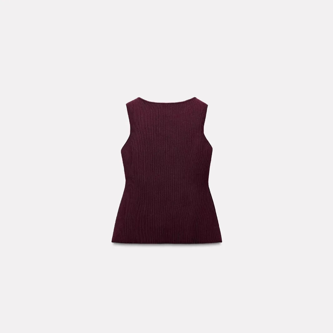 Dark red slim-fit viscose sweater vest with a 3D pattern on a hanger.