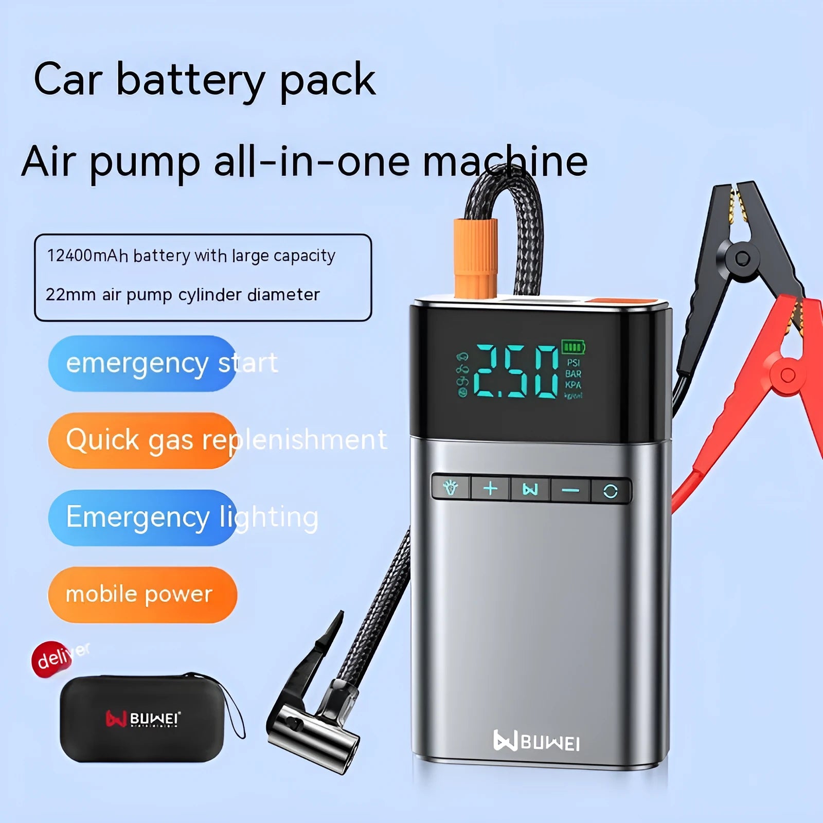 12400mah automobile emergency start power source with aluminium alloy shell and accessories