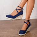 Dark blue suede straw woven wedge closed toe high heels sizes 34-43