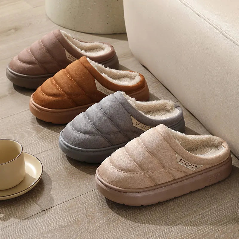 Plush indoor slippers with suede upper and EVA sole in grey, khaki, coffee, and camel