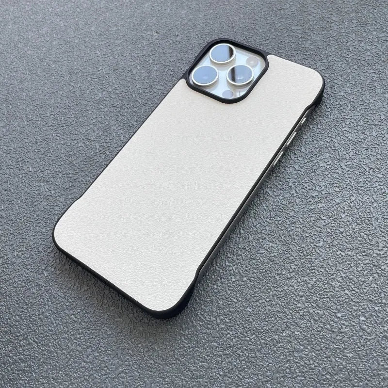 Frameless PU leather phone case in black with heat dissipation for iPhone 14 Pro Max back view