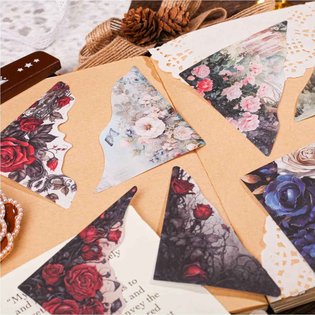 Set of printed paper bookmarks and notes in six different colours including blue, green, pink, purple, and red designs
