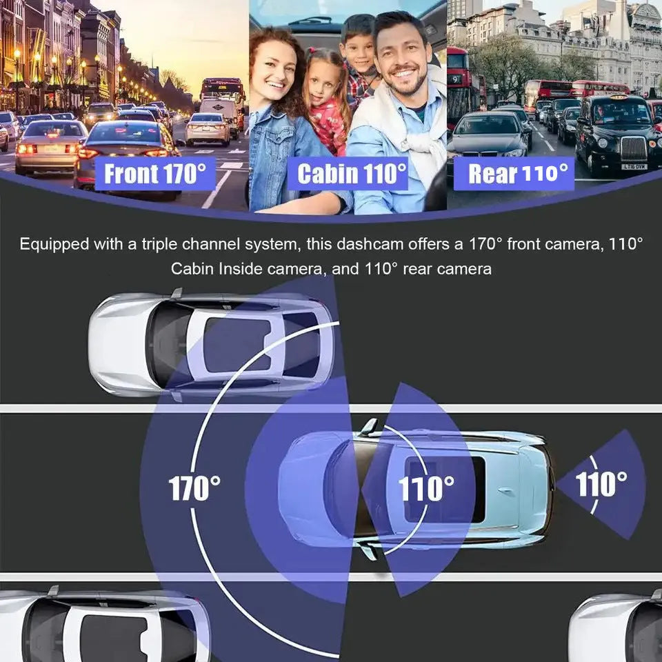 Black 3-lens car dash cam for front windshield with 3-inch screen and 170-degree wide angle lens
