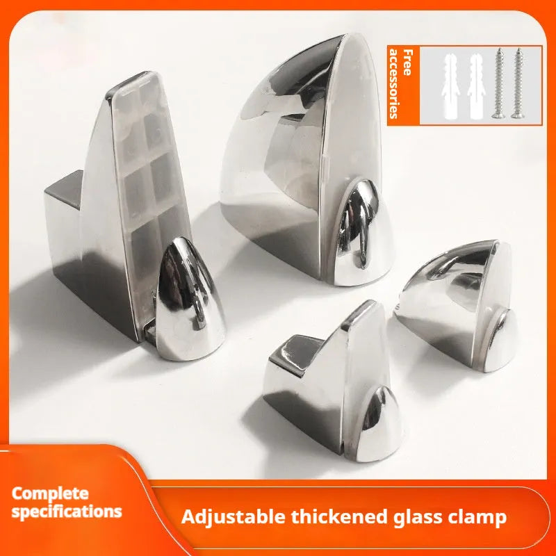 Electroplated metal adjustable clip for holding glass partitions or plates, shown in two different style options.
