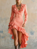 Ruffled no-wash denim fabric dress in high-waist style with long sleeves, available in eight colours
