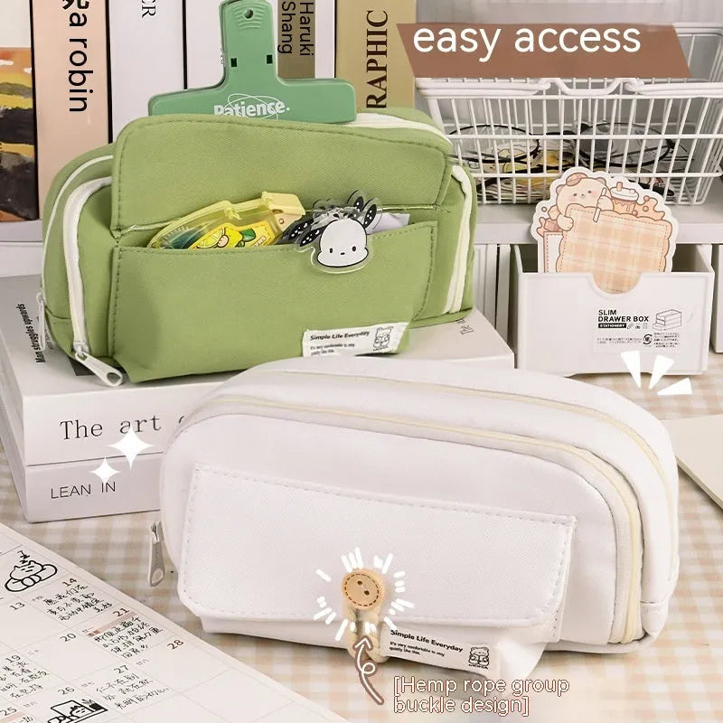 Large capacity canvas pencil case in green, holding multiple pens, simple Korean style design.