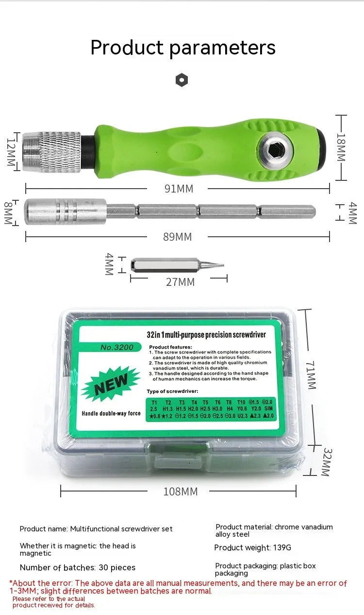 32-in-1 screwdriver set with bits for mobile phone and digital device repair