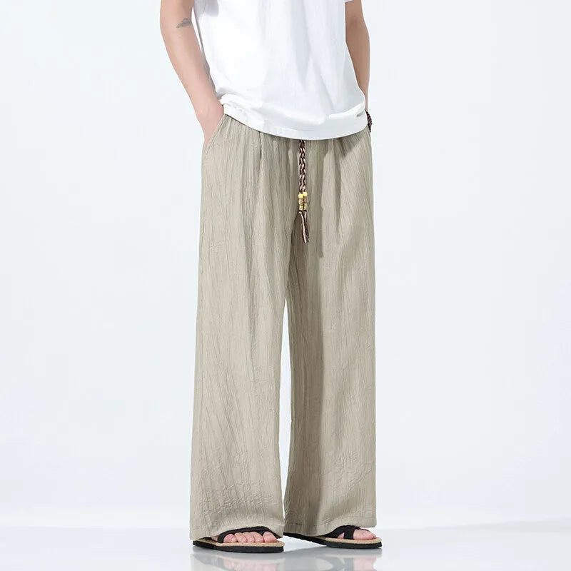 Men's bamboo fibre straight-leg trousers in black, khaki or coffee, thin wide-leg mid waist style, sizes M to 5XL