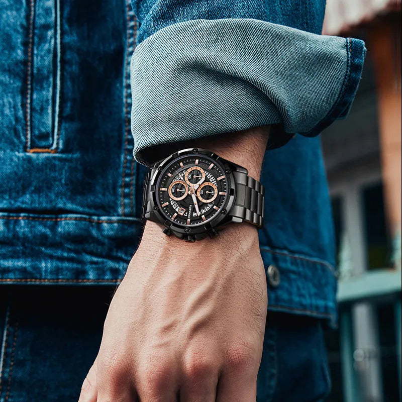 Men's waterproof quartz watch with luminous hands and stainless steel band in three colour options