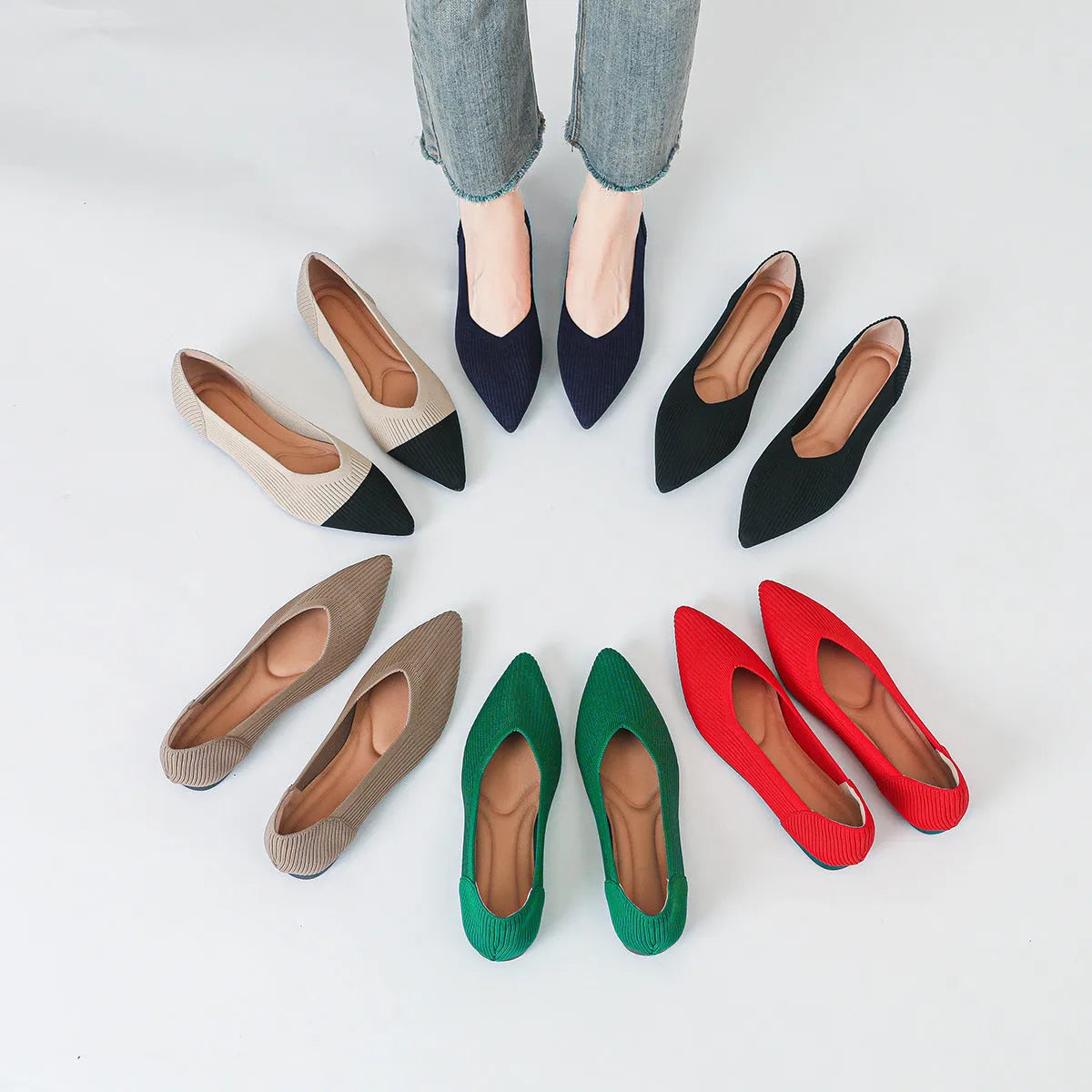 Women's knit flat pumps with pointed toe in microfiber, showing apricot colour option