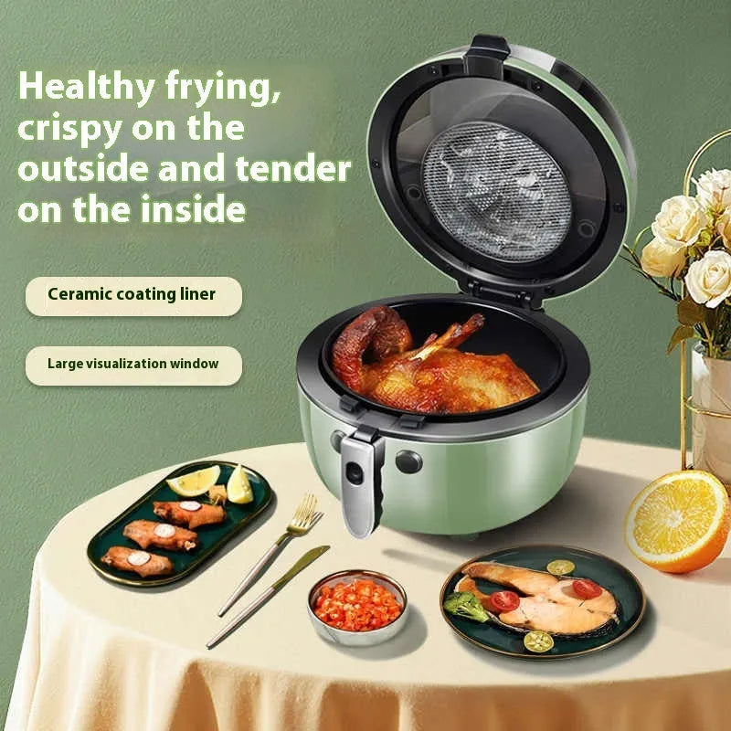 8 litre air fryer oven with visible window and mechanical buttons on countertop