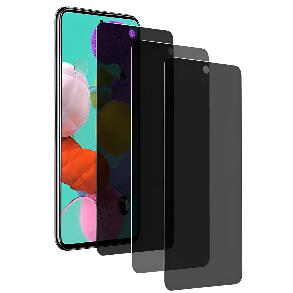 Tempered glass screen protector film for Samsung mobile phones showing privacy and HD style options.
