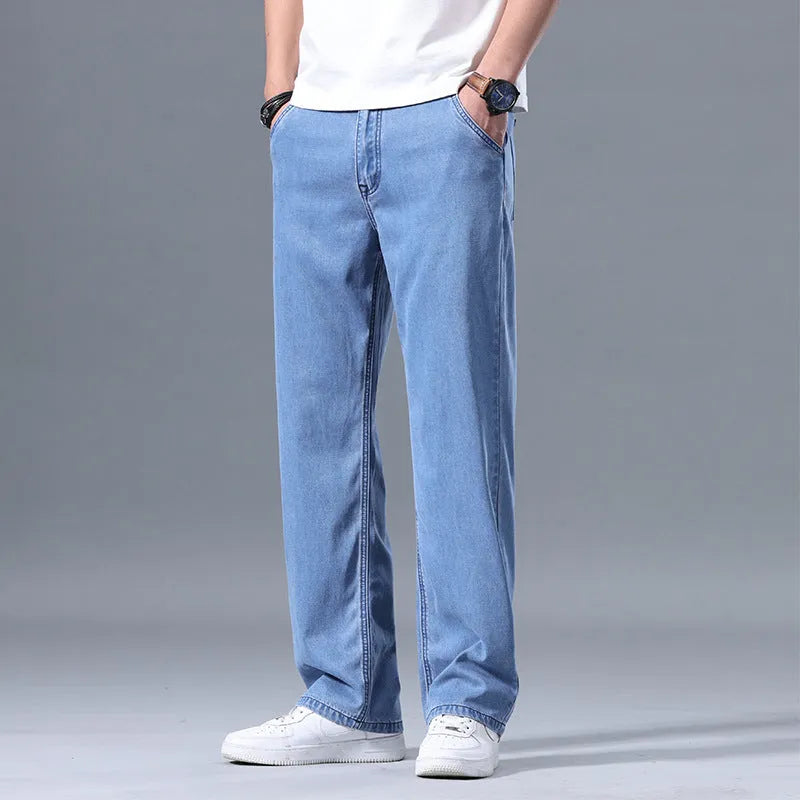 Men's loose straight-leg lyocell jeans in light blue, blue grey, smoky grey or retro blue
