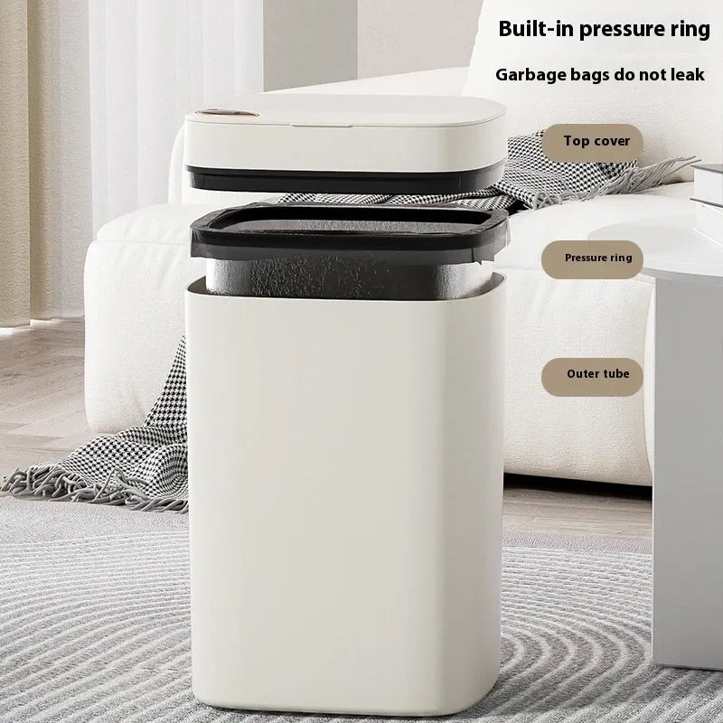 Square automatic sensor kitchen bin with open lid in milky white colour