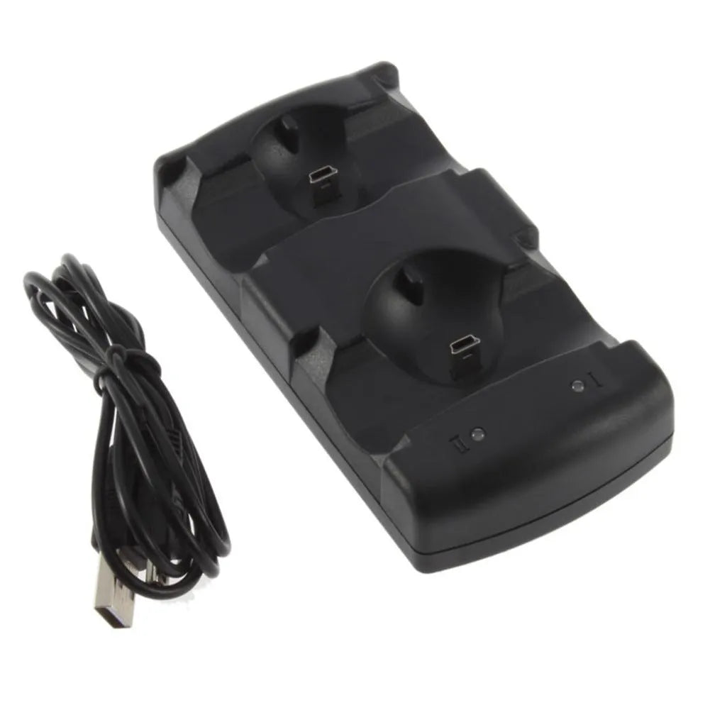 Black PS3 dual controller charging stand with two controller slots and USB connection