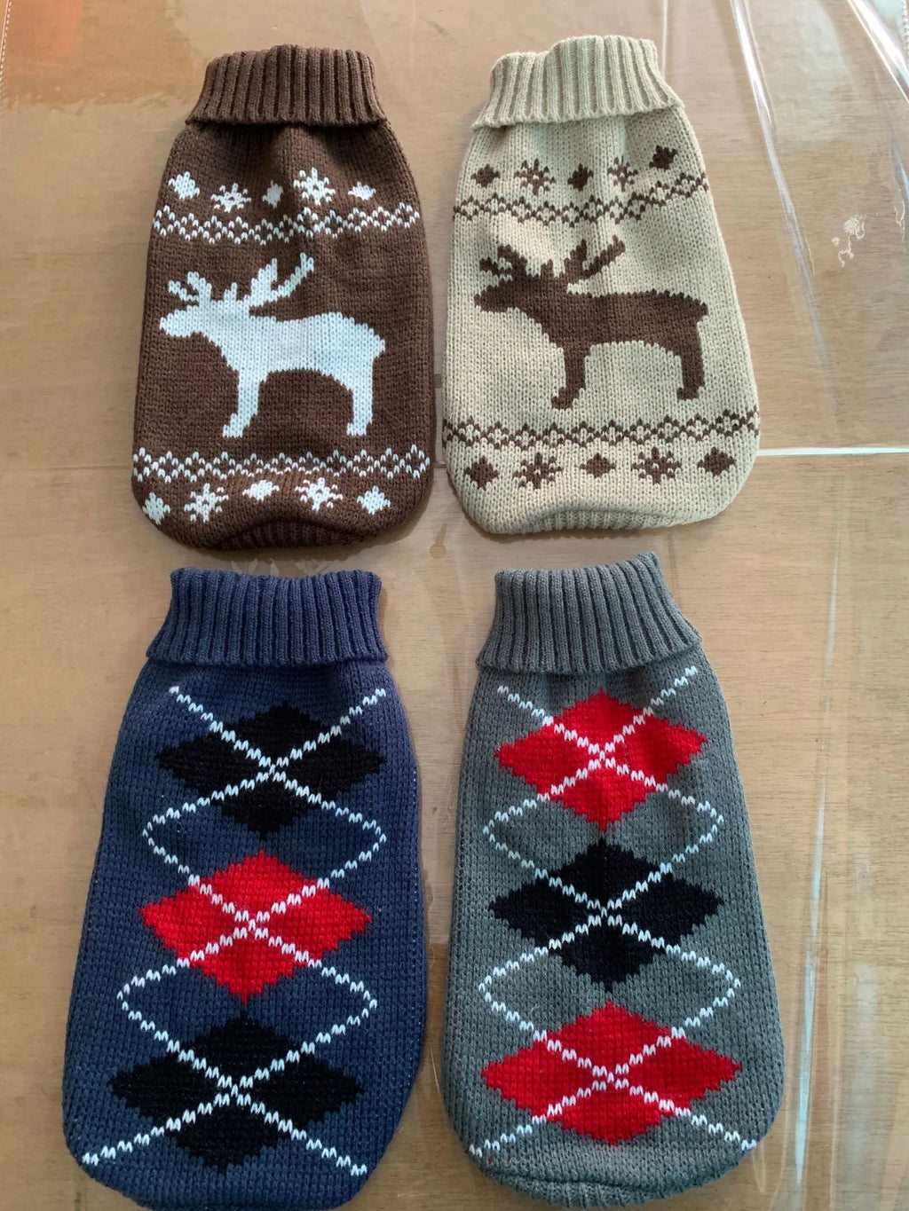 Warm acrylic dog sweater in coffee deer pattern, autumn winter pet clothes, sizes No 6 to No 16