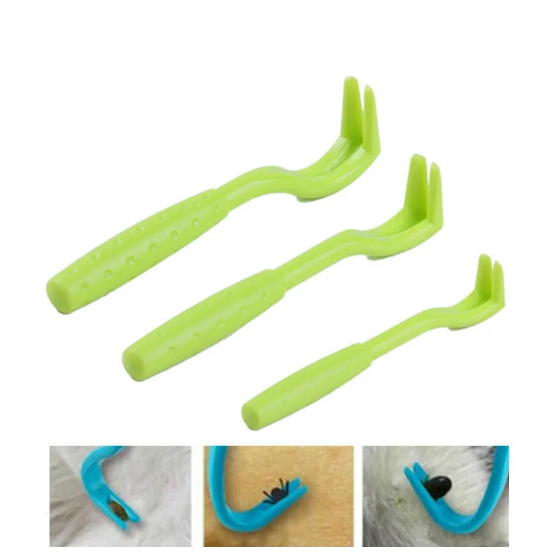 Blue and green plastic pet tick removal tools with hook design for cats and dogs