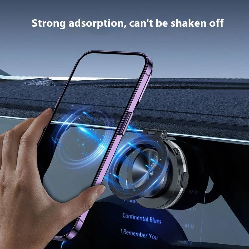 Magnetic vacuum adsorption car phone holder in black, silver, and pink colours shown on a car dashboard.