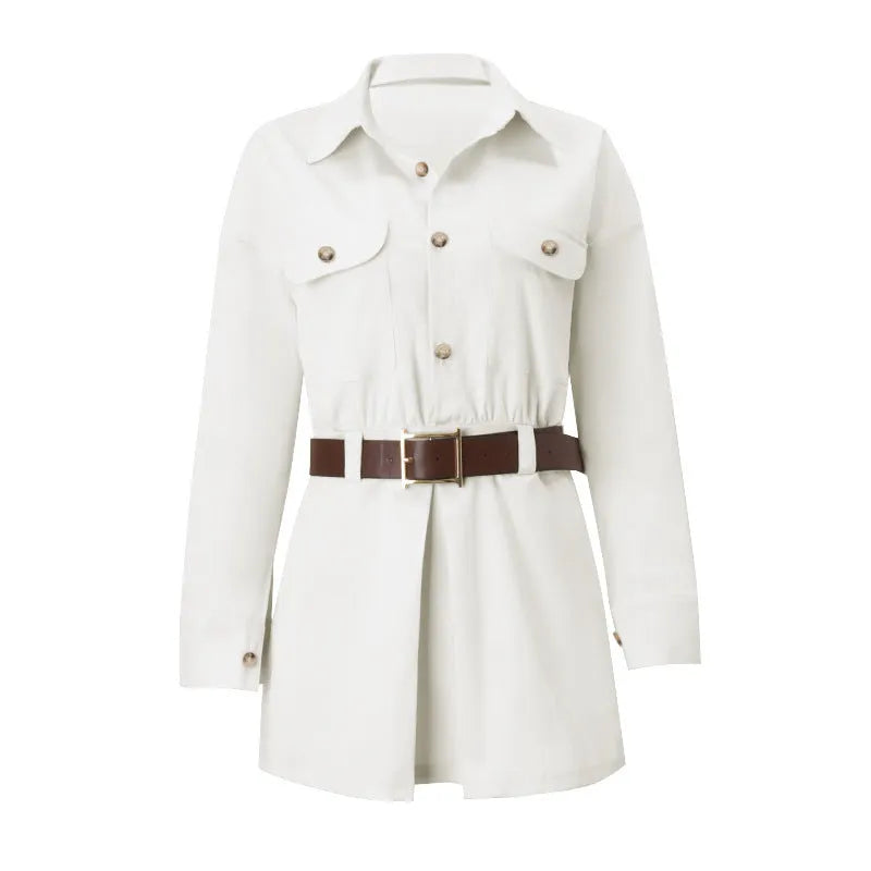 Grey button front long sleeve shirt dress with fake pockets and low waist short length