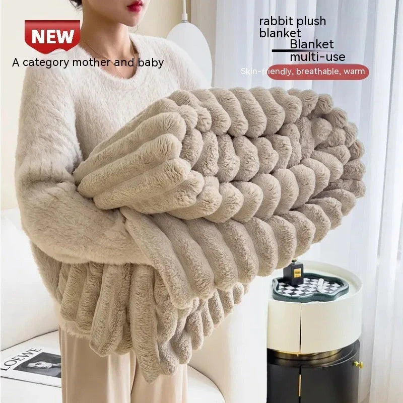 Luxurious faux rabbit fur blanket in various soft and cozy colors, featuring a thick and plush design for maximum warmth and comfort.