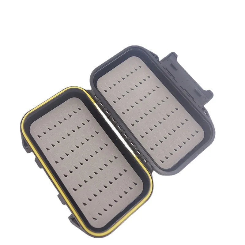 Black waterproof double-sided fly box with foam inserts and silicone sealing ring, 135x80x30mm