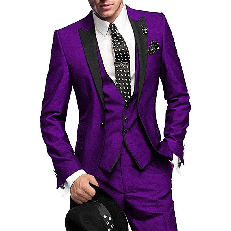 Men's three-piece slim fit wool serge suit in navy blue, shown as jacket, trousers, and waistcoat on a model