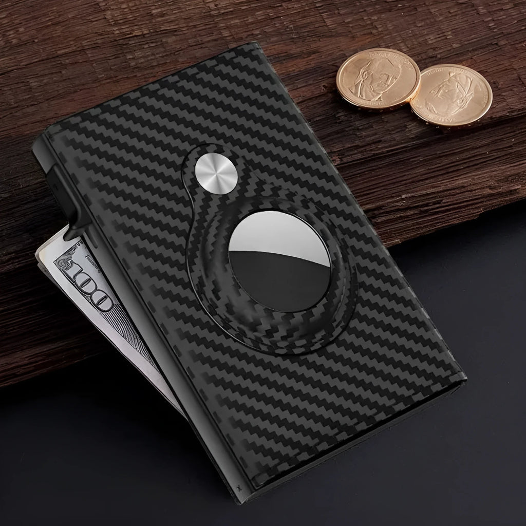 Black genuine leather card holder with stripe pattern, 9.8x6.5x2.1cm, anti-theft credit card function