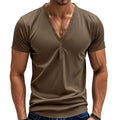 Men's loose fit V-neck t-shirt with button detail in light blue colour.