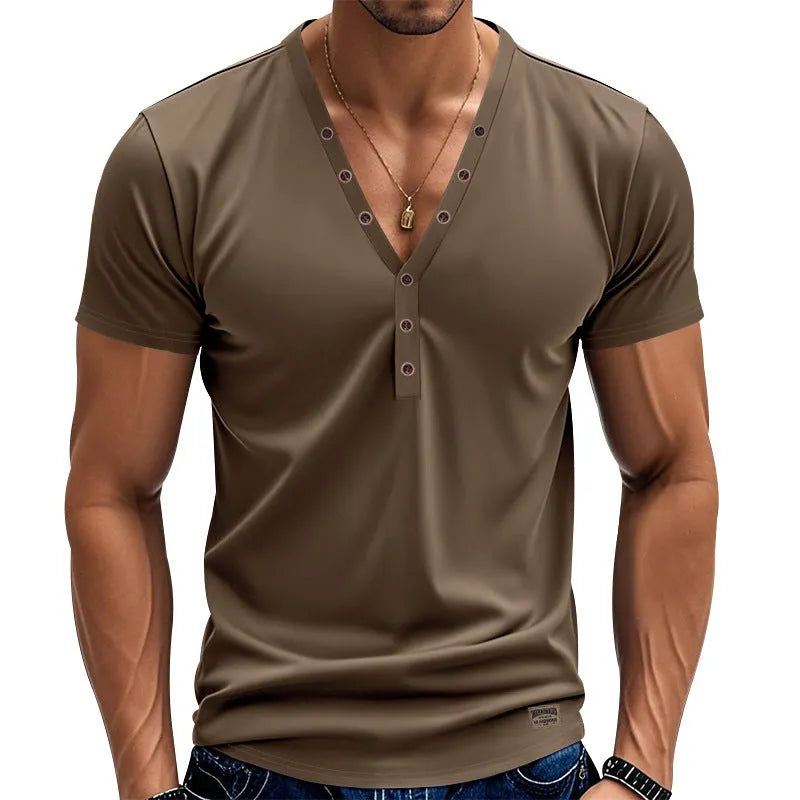 Men's loose fit V-neck t-shirt with button detail in light blue colour.