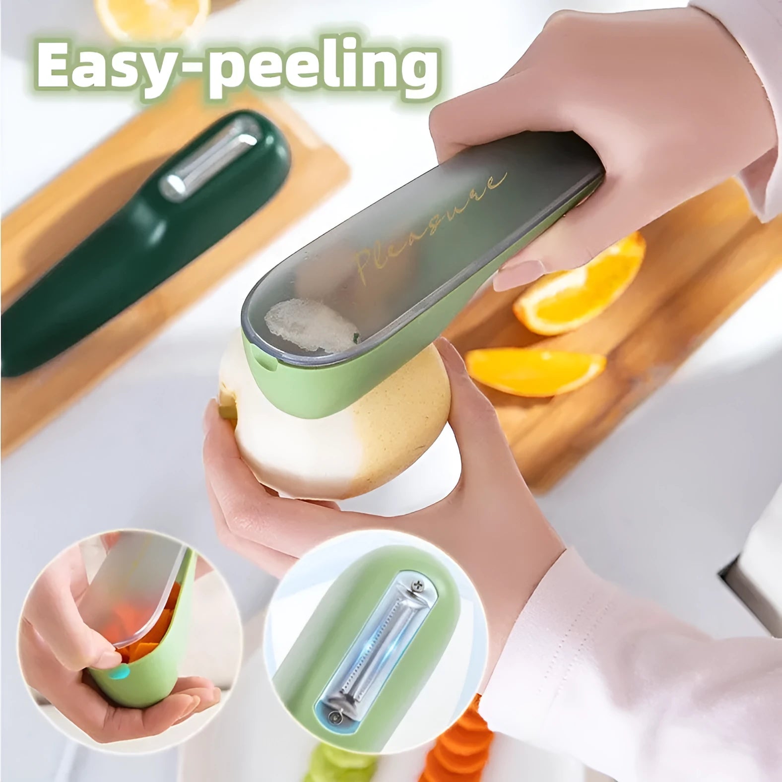 Dark green kitchen peeler with stainless steel blade stored in transparent tube case