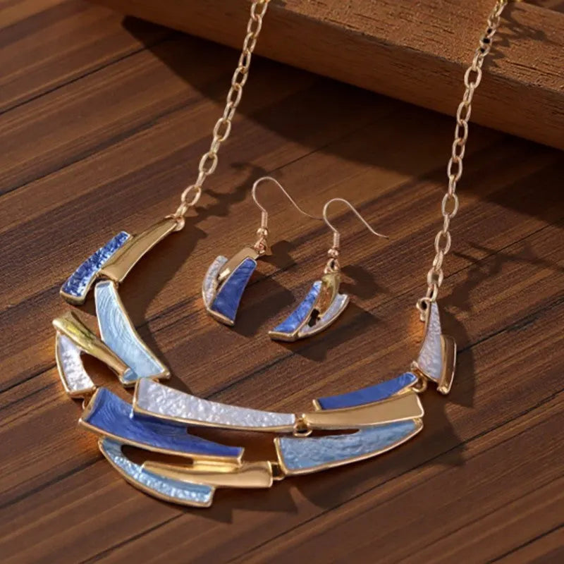 Blue zinc alloy necklace and earrings set with twist link chain and irregular quadrilateral alloy pendant for women