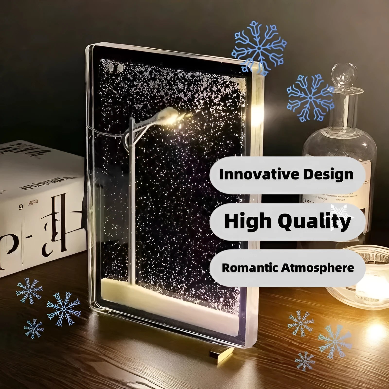 DIY material kit for building a snowy landscape night light with flowing snow effect and warm LED lights.