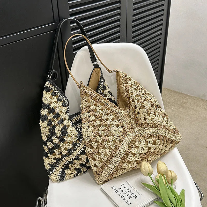 Handmade paper straw woven shoulder bag with hollow contrast colour weave and polyester lining in khaki beige or black khaki.