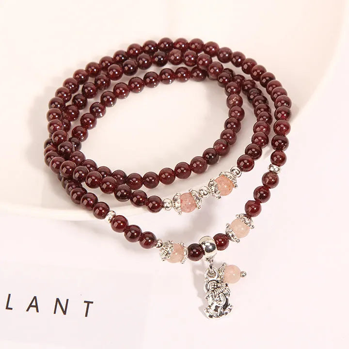 Women's wine red garnet crystal bracelet with flower design in bohemian ethnic style
