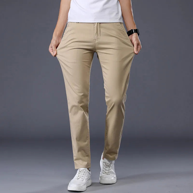 Men's solid color casual trousers, straight leg, mid waist, cotton, micro elasticity, available in multiple colors