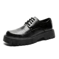 Black low top casual shoes with genuine leather upper, round toe, chunky heel and rubber sole.