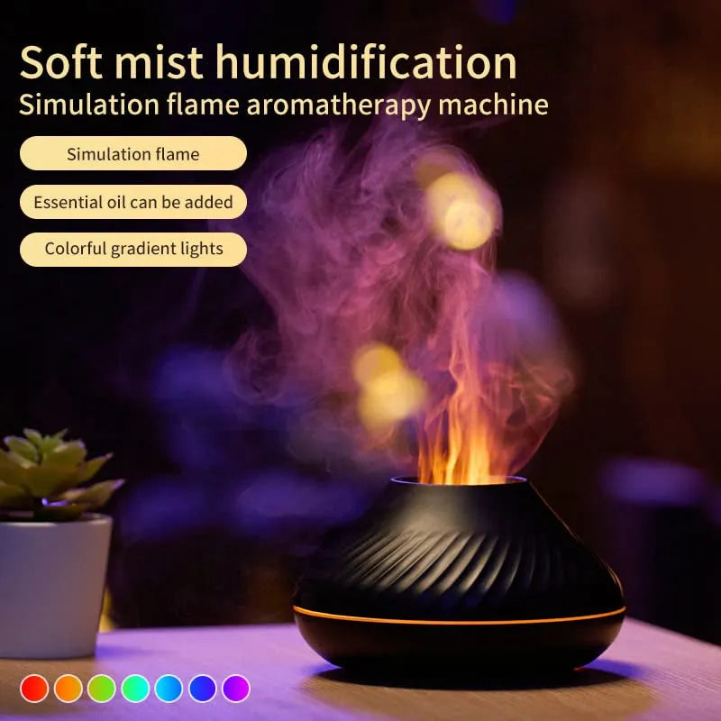 Beige USB aroma diffuser with flame-effect mist and colour-changing night light on a wooden table.