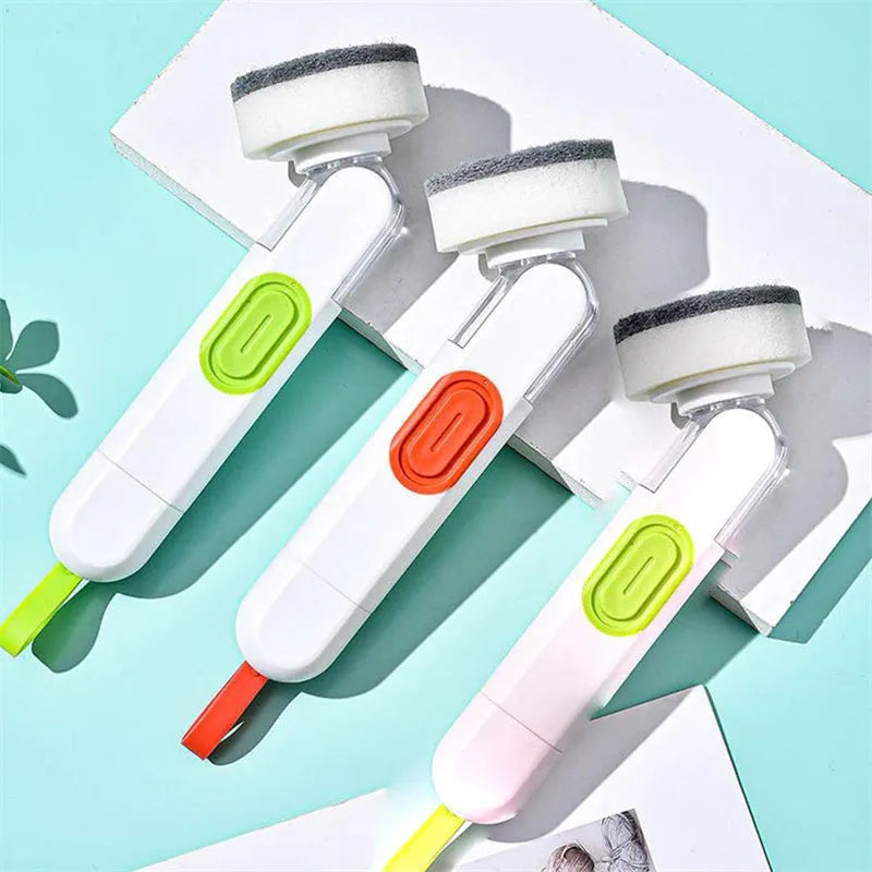 Long-handle kitchen cleaning brush with liquid dispenser and two brush heads in white and green