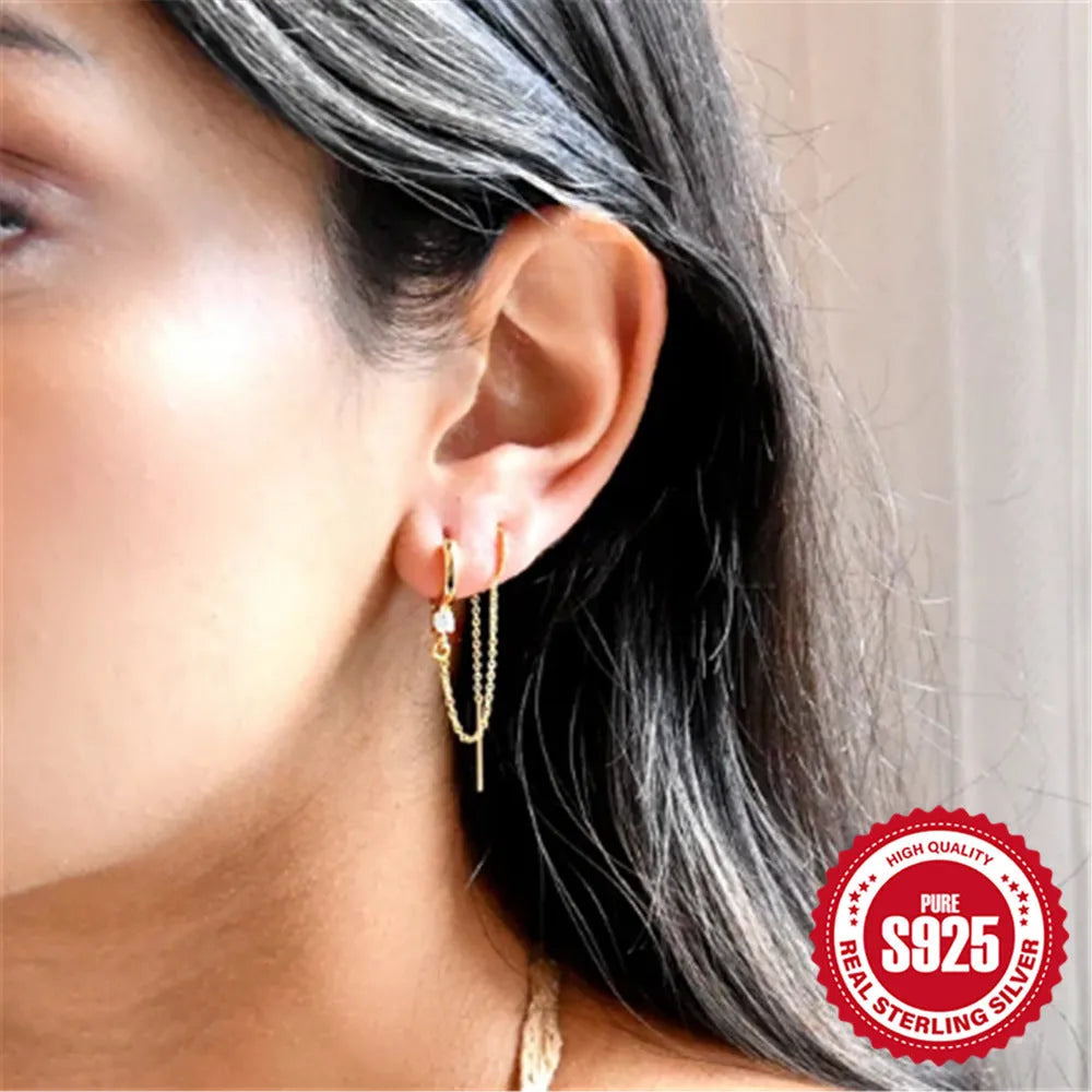 S925 sterling silver ear clip stud earrings with flower, tassel, and chain design in golden colour