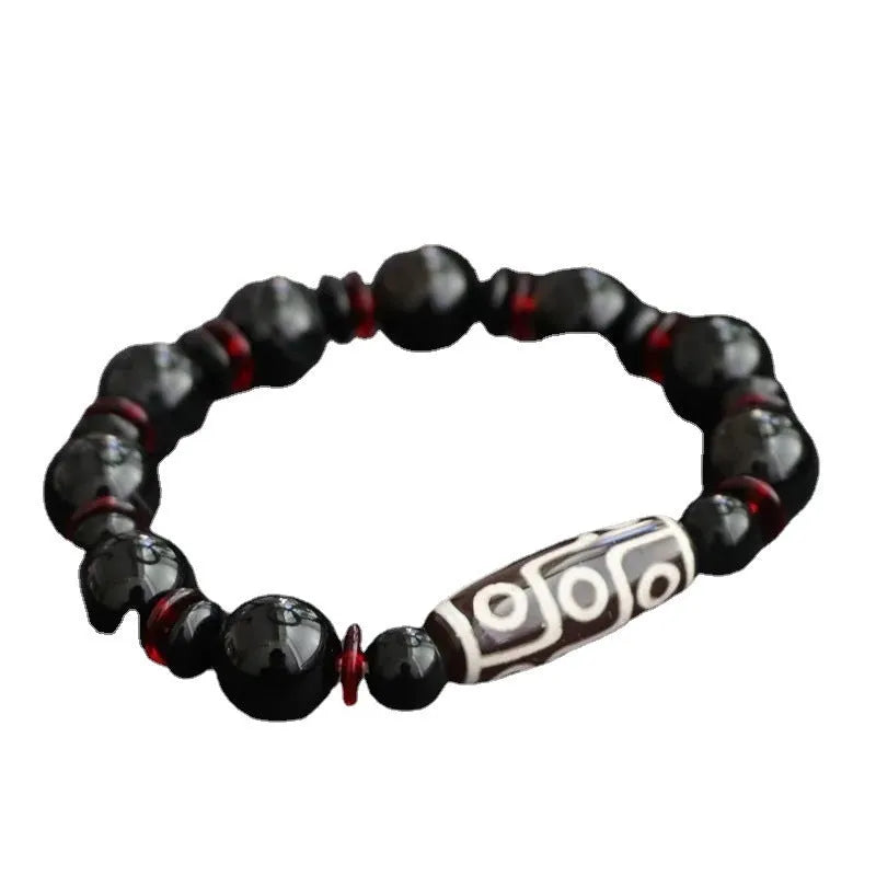 Hand-woven black agate and chalcedony dzi bead bracelet with 11mm geometry beads