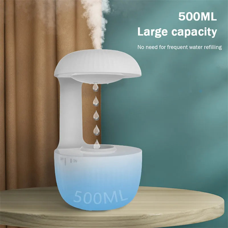 White anti-gravity levitating humidifier showing water droplets flowing upward with cool mist output